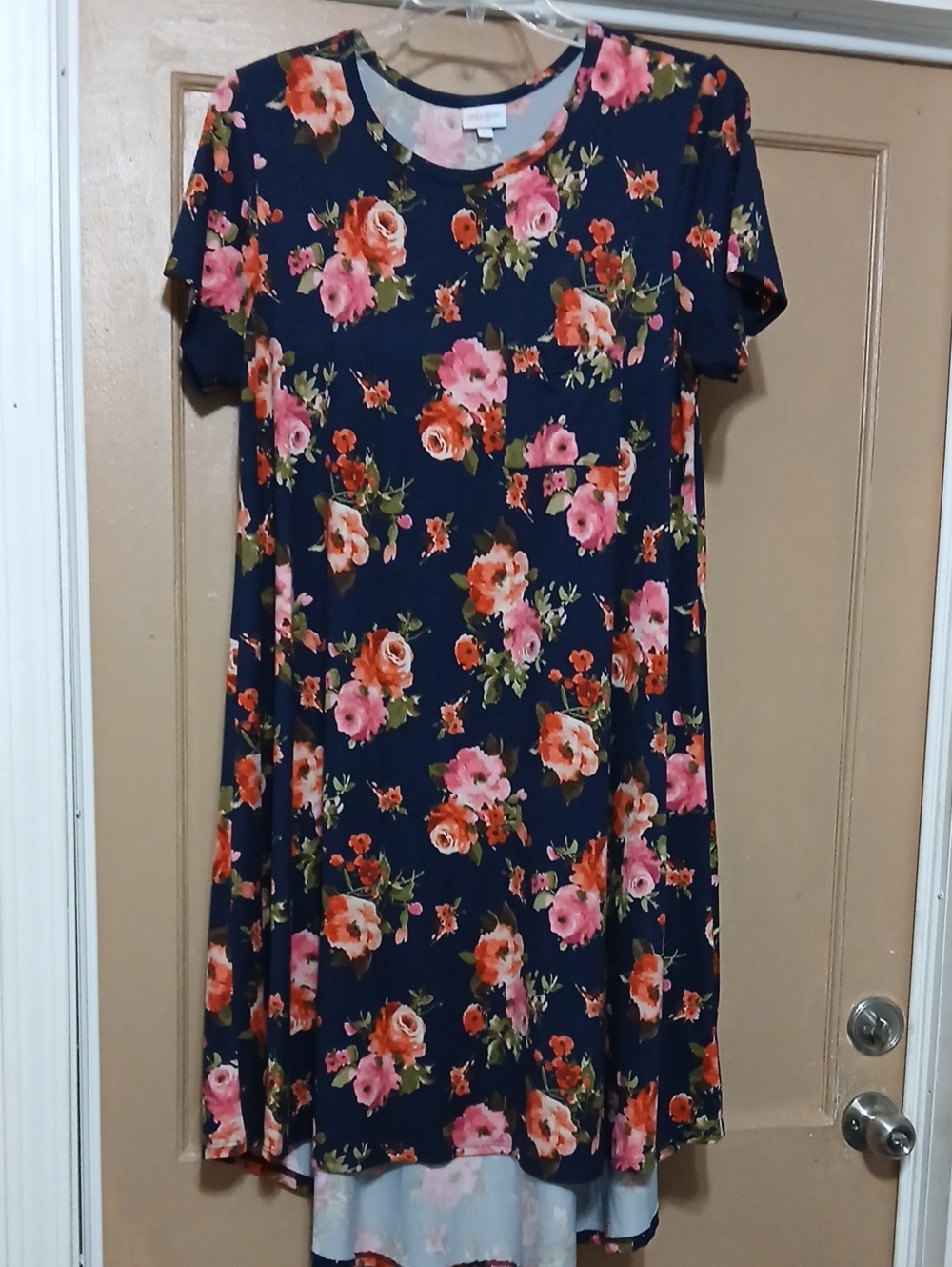 LuLaRoe Navy Floral High-Low Dress with Pink and Orange Roses